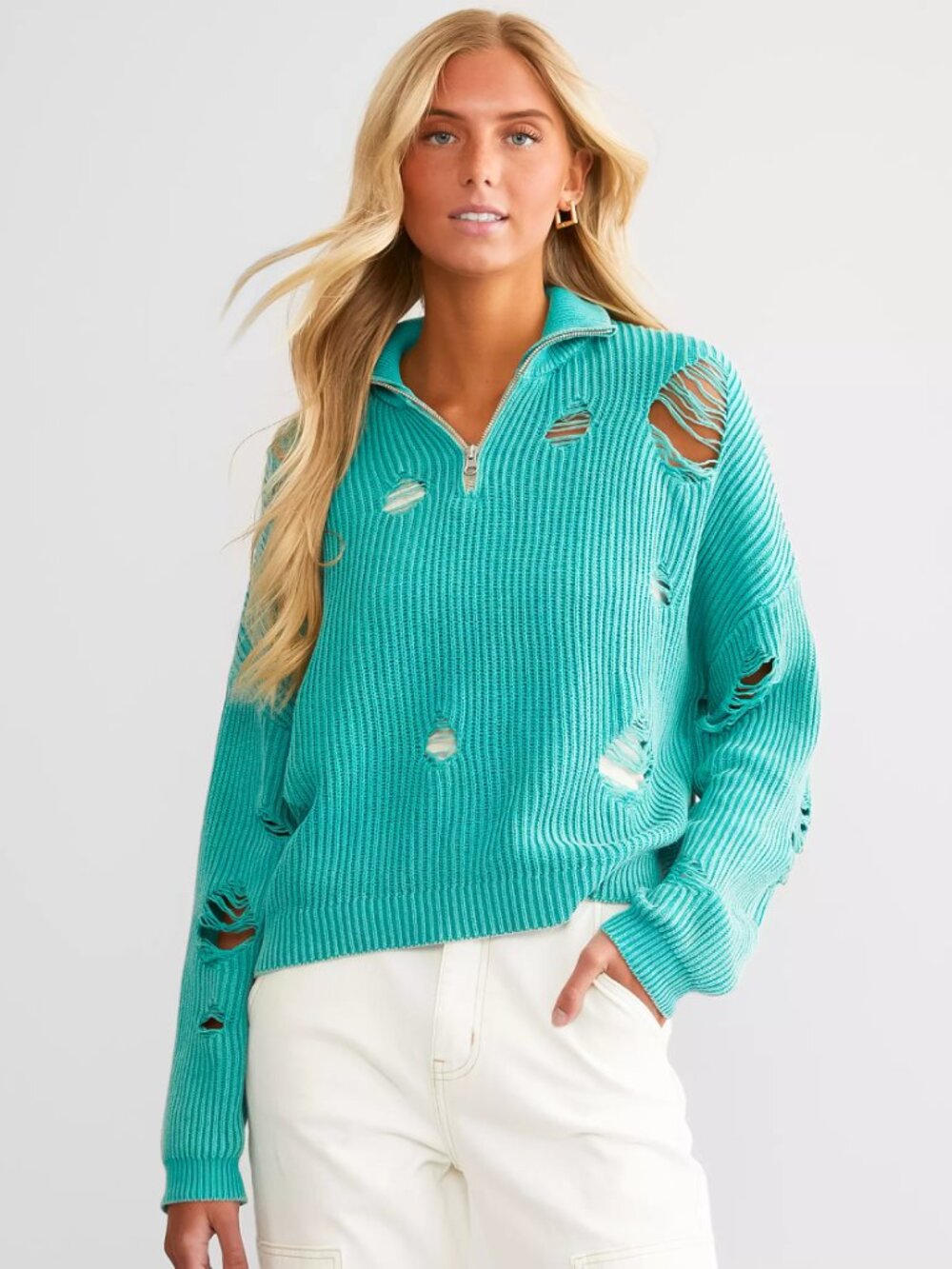 Buckle Gilded Intent Destructed Quarter Zip Pullover Sweater Womens XS Green New
